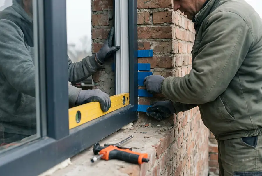 Twee plaatsers zetten een nieuw pvc-raam in de opening en stellen het met wiggen